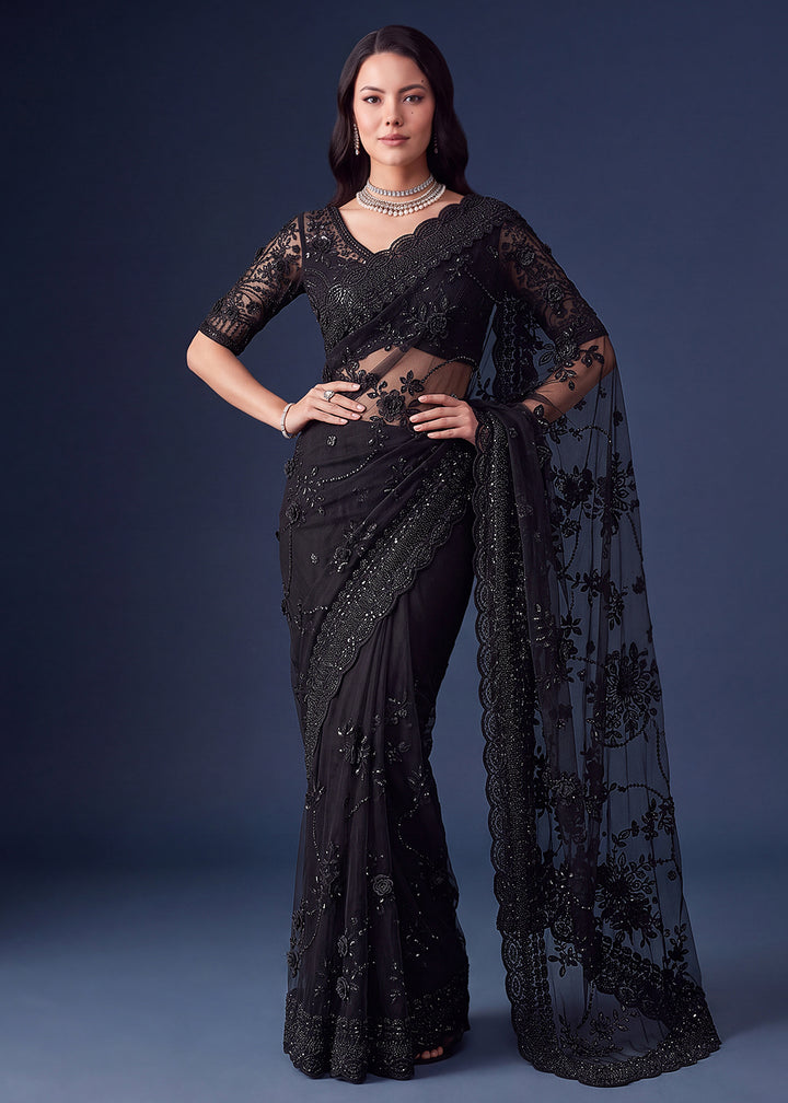 Buy Now Exquisite Black Beads &amp; Handwork Designer Party Wear Saree Online in USA, UK, Canada, France, Germany, Denmark, Sweden, Italy &amp; Worldwide at Empress.