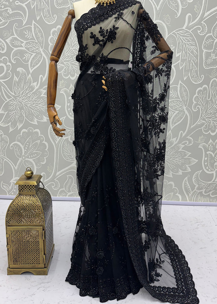 Buy Now Exquisite Black Beads &amp; Handwork Designer Party Wear Saree Online in USA, UK, Canada, France, Germany, Denmark, Sweden, Italy &amp; Worldwide at Empress.