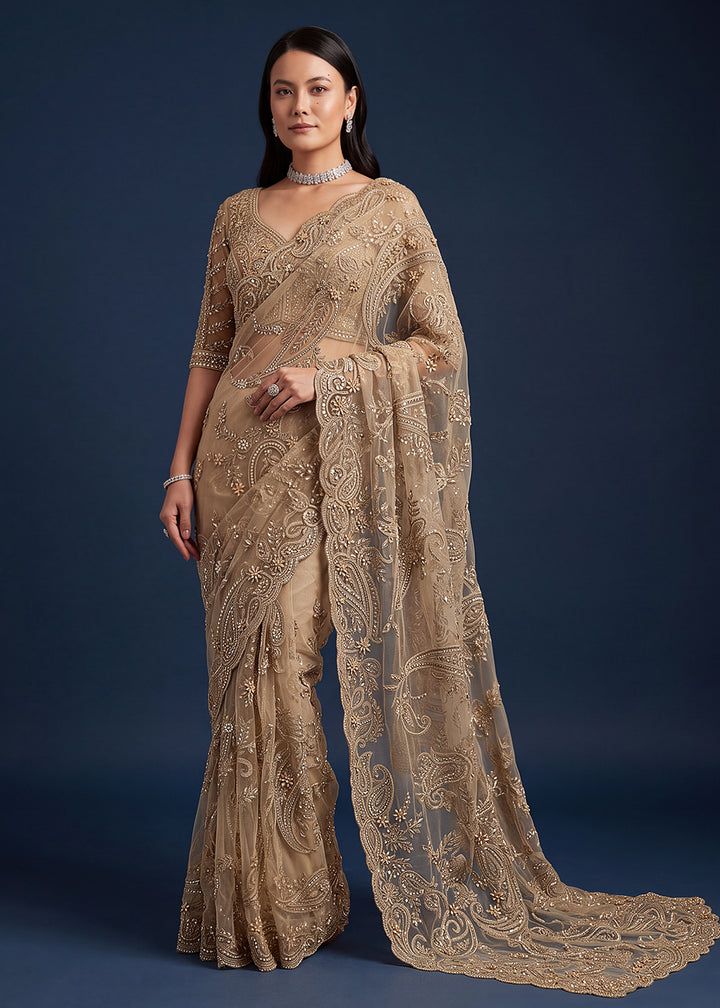 Buy Now Golden Beautiful Katha Chain Embroidered Wedding Saree Online in USA, UK, Canada, France, Germany, Denmark, Sweden, Italy, UAE &amp; Worldwide at Empress.