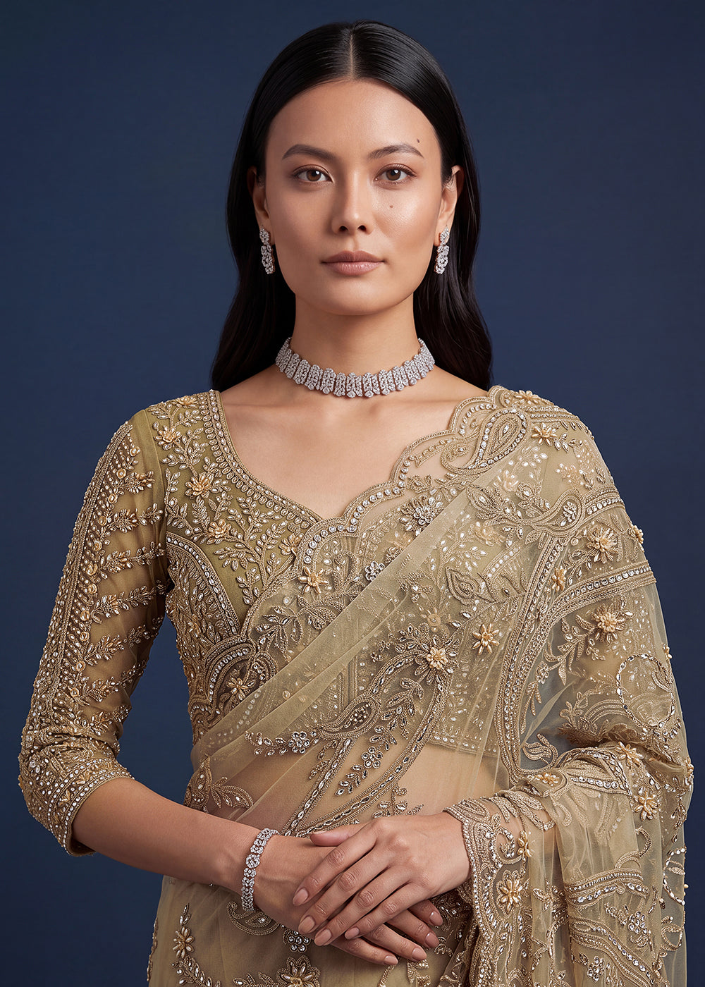 Buy Now Golden Beautiful Katha Chain Embroidered Wedding Saree Online in USA, UK, Canada, France, Germany, Denmark, Sweden, Italy, UAE &amp; Worldwide at Empress.