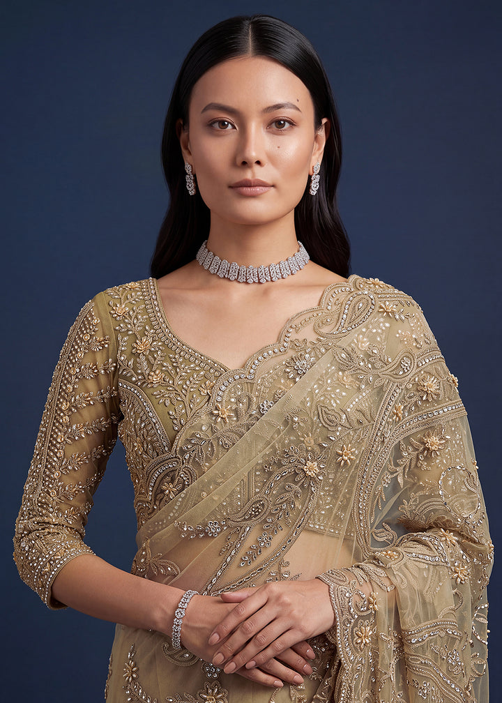 Buy Now Golden Beautiful Katha Chain Embroidered Wedding Saree Online in USA, UK, Canada, France, Germany, Denmark, Sweden, Italy, UAE &amp; Worldwide at Empress.