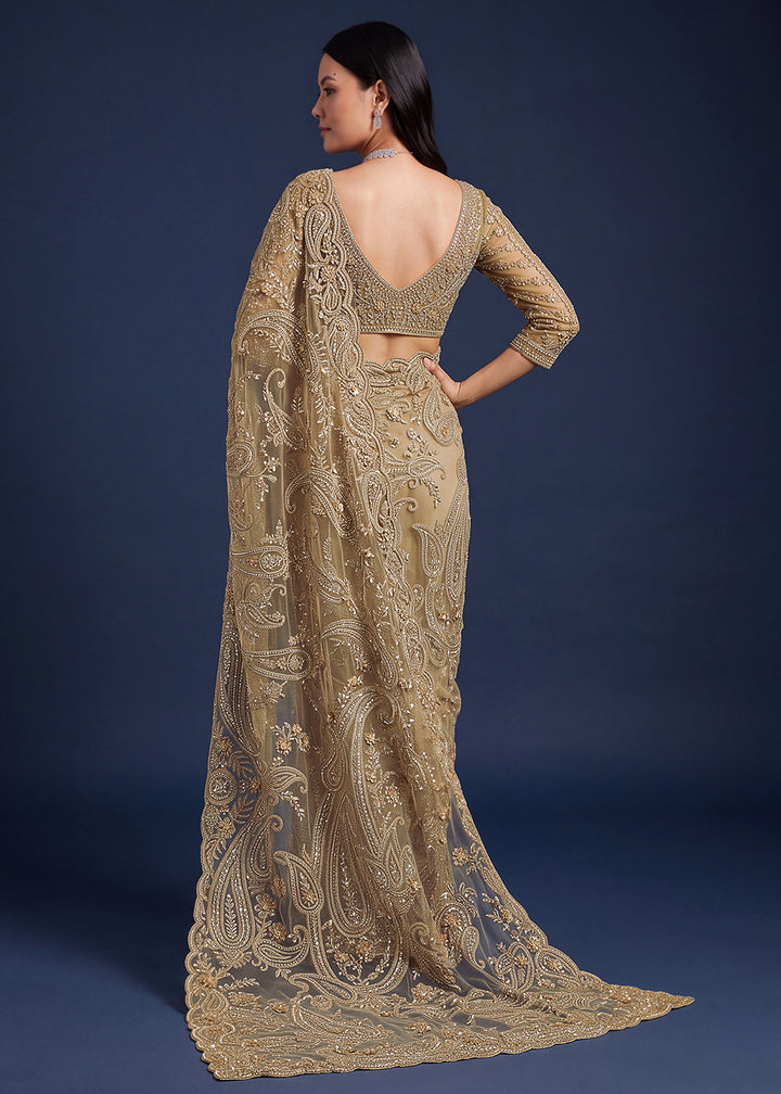 Buy Now Golden Beautiful Katha Chain Embroidered Wedding Saree Online in USA, UK, Canada, France, Germany, Denmark, Sweden, Italy, UAE &amp; Worldwide at Empress.