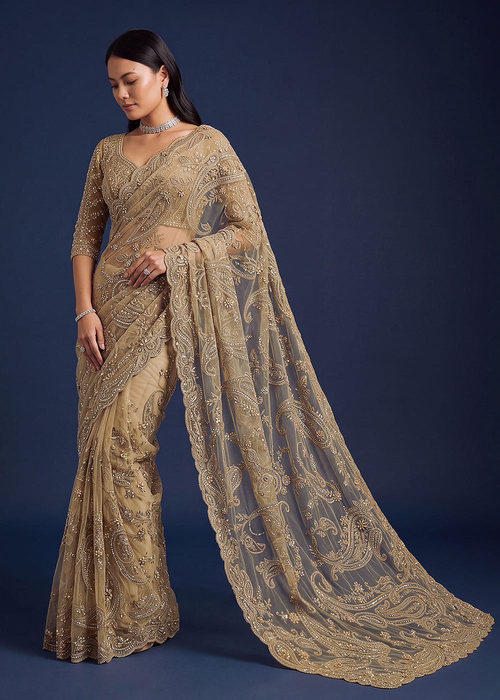 Buy Now Golden Beautiful Katha Chain Embroidered Wedding Saree Online in USA, UK, Canada, France, Germany, Denmark, Sweden, Italy, UAE &amp; Worldwide at Empress.