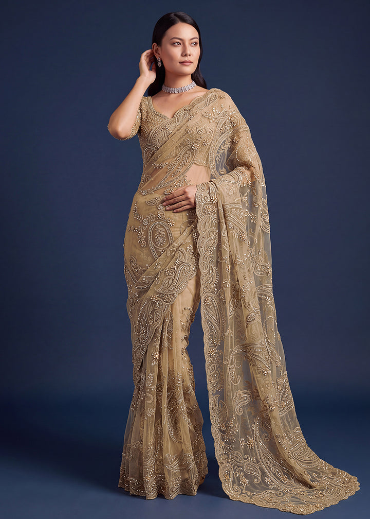 Buy Now Golden Beautiful Katha Chain Embroidered Wedding Saree Online in USA, UK, Canada, France, Germany, Denmark, Sweden, Italy, UAE &amp; Worldwide at Empress.