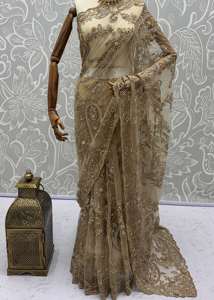 Buy Now Golden Beautiful Katha Chain Embroidered Wedding Saree Online in USA, UK, Canada, France, Germany, Denmark, Sweden, Italy, UAE &amp; Worldwide at Empress.