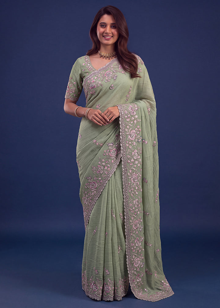 Buy Now Extraordinary Pista Green Handwork Kasti Wedding Saree Online in USA, UK, Canada, France, Germany, Denmark, Sweden, Italy, UAE &amp; Worldwide at Empress.