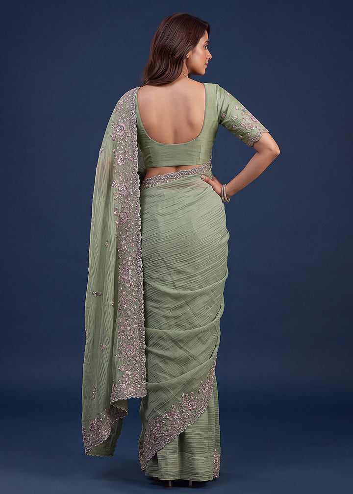 Buy Now Extraordinary Pista Green Handwork Kasti Wedding Saree Online in USA, UK, Canada, France, Germany, Denmark, Sweden, Italy, UAE &amp; Worldwide at Empress.