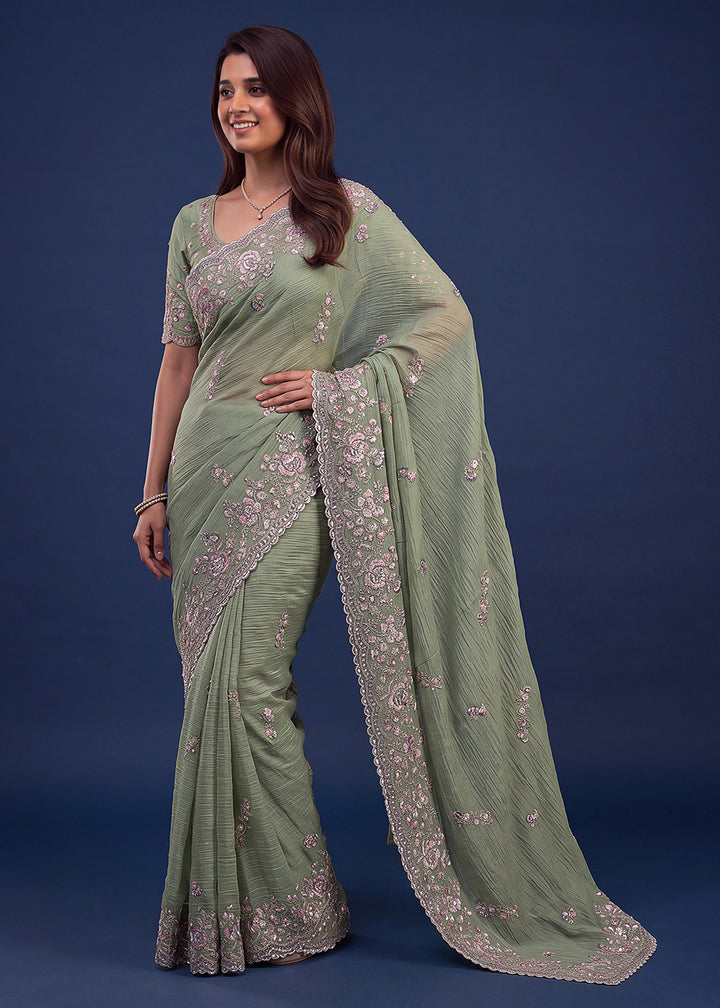 Buy Now Extraordinary Pista Green Handwork Kasti Wedding Saree Online in USA, UK, Canada, France, Germany, Denmark, Sweden, Italy, UAE &amp; Worldwide at Empress.