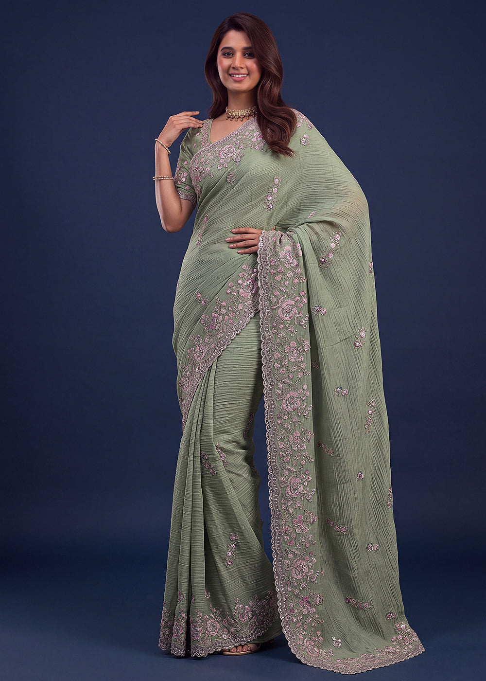 Buy Now Extraordinary Pista Green Handwork Kasti Wedding Saree Online in USA, UK, Canada, France, Germany, Denmark, Sweden, Italy, UAE &amp; Worldwide at Empress.