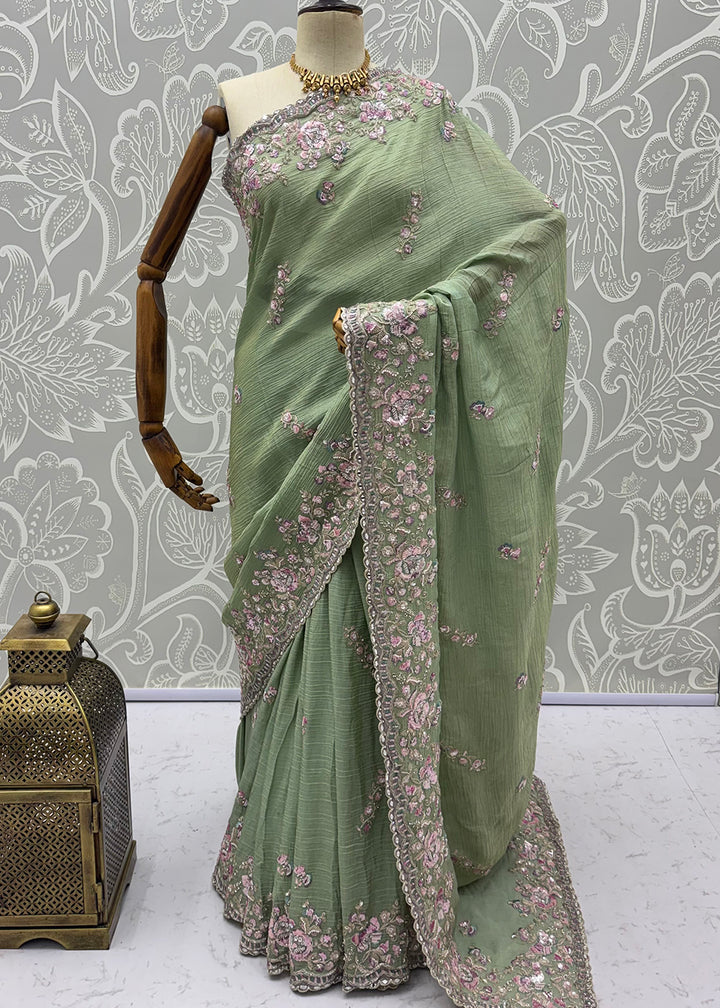 Buy Now Extraordinary Pista Green Handwork Kasti Wedding Saree Online in USA, UK, Canada, France, Germany, Denmark, Sweden, Italy, UAE &amp; Worldwide at Empress.