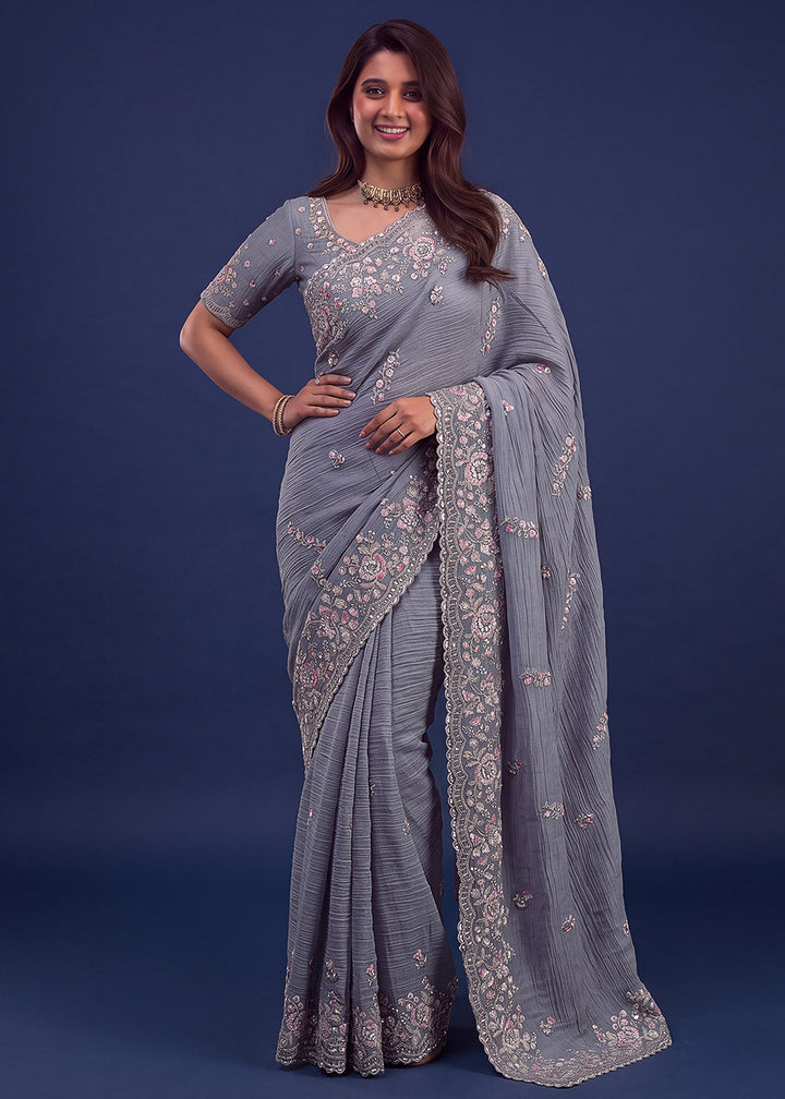 Buy Now Extraordinary Lavender Handwork Kasti Wedding Saree Online in USA, UK, Canada, France, Germany, Denmark, Sweden, Italy, UAE &amp; Worldwide at Empress.