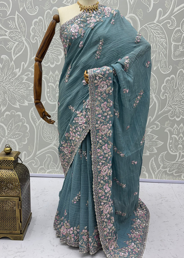 Buy Now Extraordinary Light Blue Handwork Kasti Wedding Saree Online in USA, UK, Canada, France, Germany, Denmark, Sweden, Italy, UAE &amp; Worldwide at Empress.