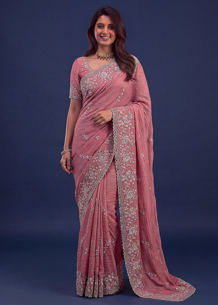 Buy Now Extraordinary Pink Handwork Kasti Wedding Saree Online in USA, UK, Canada, France, Germany, Denmark, Sweden, Italy, UAE &amp; Worldwide at Empress.