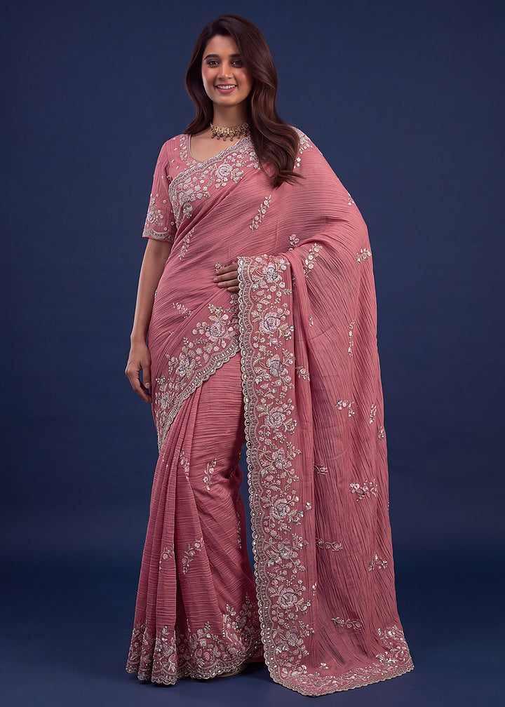 Buy Now Extraordinary Pink Handwork Kasti Wedding Saree Online in USA, UK, Canada, France, Germany, Denmark, Sweden, Italy, UAE &amp; Worldwide at Empress.