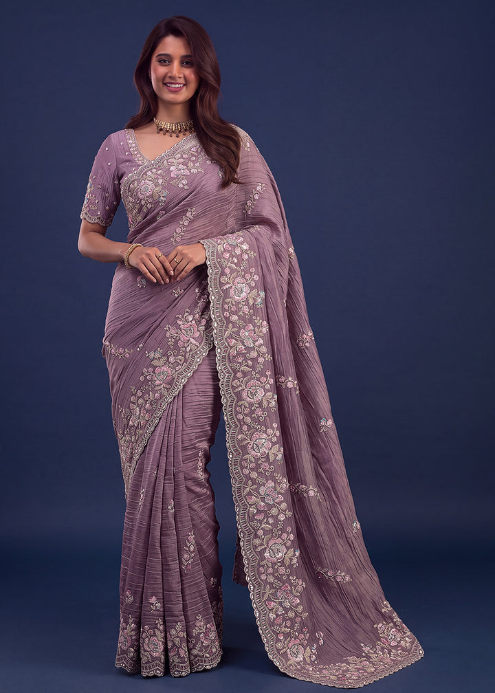 Buy Now Extraordinary Purple Handwork Kasti Wedding Saree Online in USA, UK, Canada, France, Germany, Denmark, Sweden, Italy, UAE &amp; Worldwide at Empress.