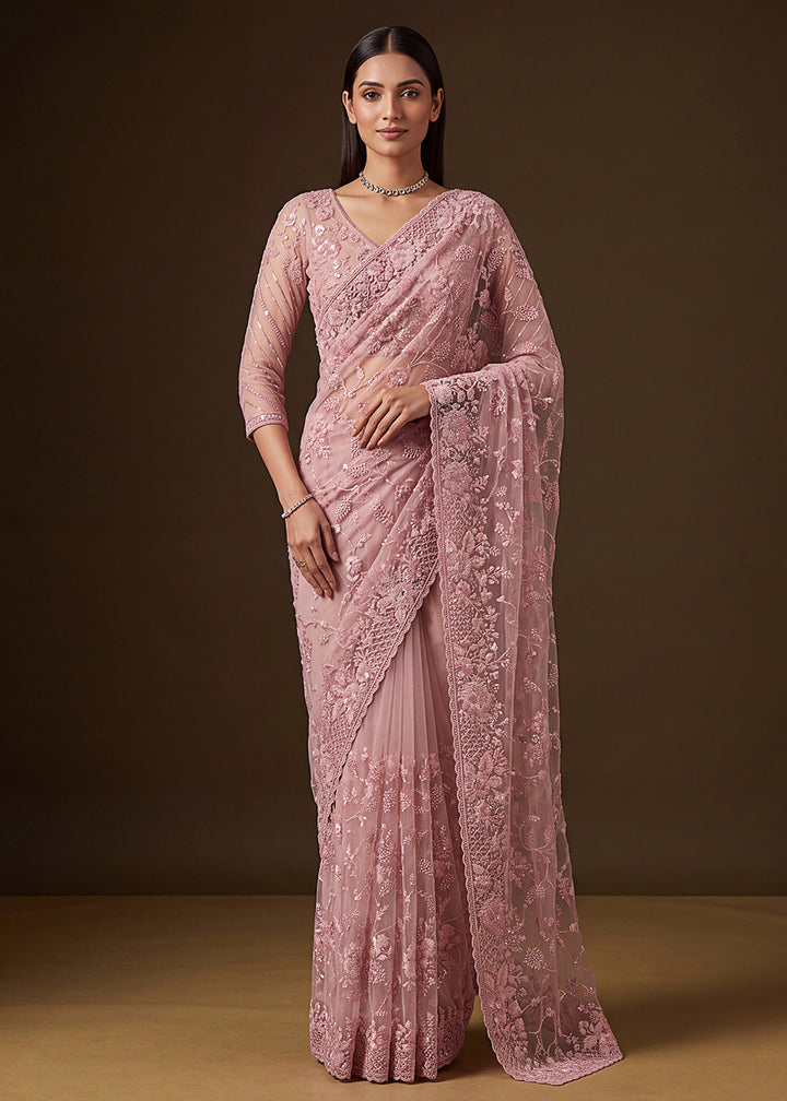 Buy Now Pink Elegant Floral Thread Embroidery Indian Wedding Saree Online in US, UK, Canada, France, Germany, Denmark, Sweden, Austria &amp; Worldwide at Empress.