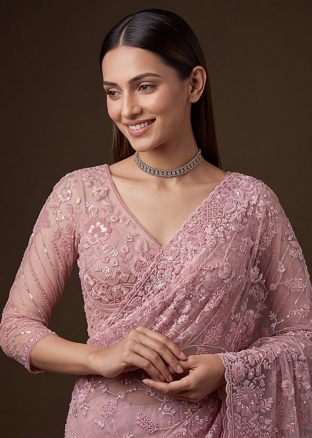 Buy Now Pink Elegant Floral Thread Embroidery Indian Wedding Saree Online in US, UK, Canada, France, Germany, Denmark, Sweden, Austria &amp; Worldwide at Empress.