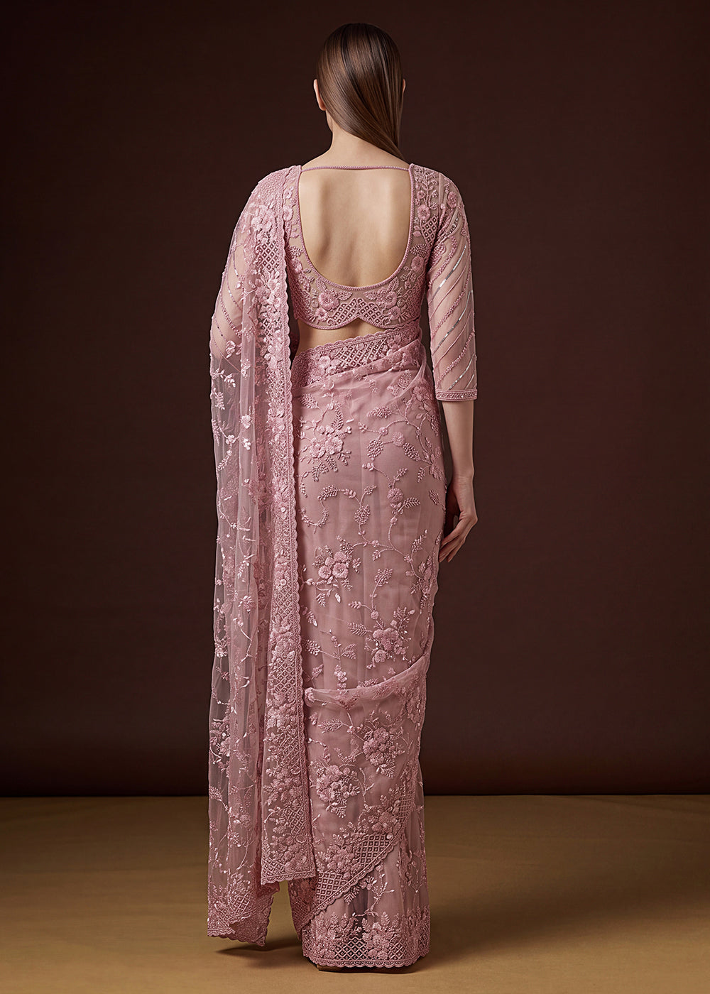 Buy Now Pink Elegant Floral Thread Embroidery Indian Wedding Saree Online in US, UK, Canada, France, Germany, Denmark, Sweden, Austria &amp; Worldwide at Empress.