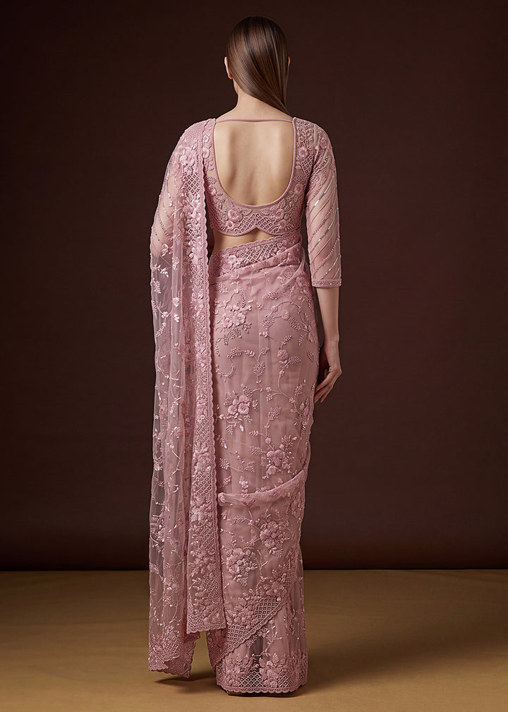 Buy Now Pink Elegant Floral Thread Embroidery Indian Wedding Saree Online in US, UK, Canada, France, Germany, Denmark, Sweden, Austria &amp; Worldwide at Empress.