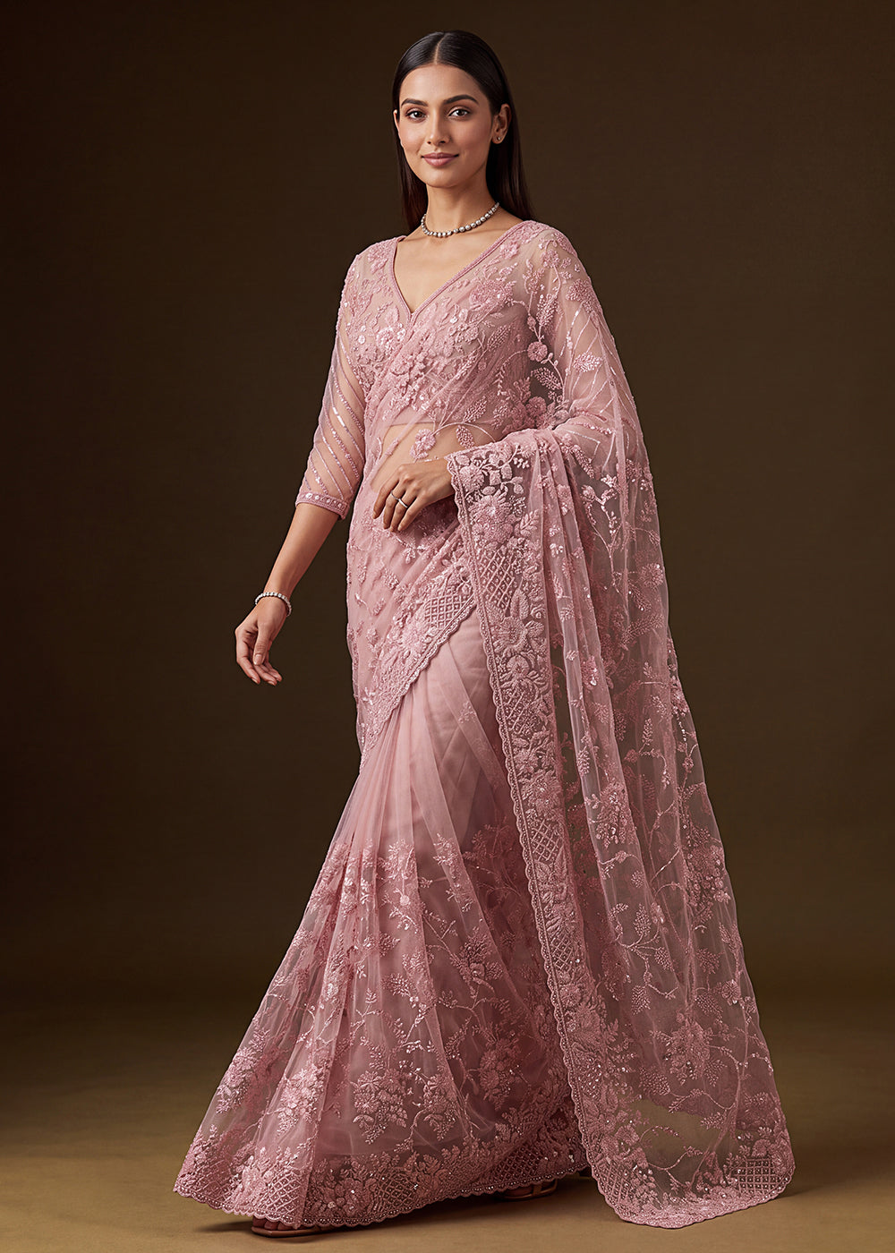 Buy Now Pink Elegant Floral Thread Embroidery Indian Wedding Saree Online in US, UK, Canada, France, Germany, Denmark, Sweden, Austria &amp; Worldwide at Empress.
