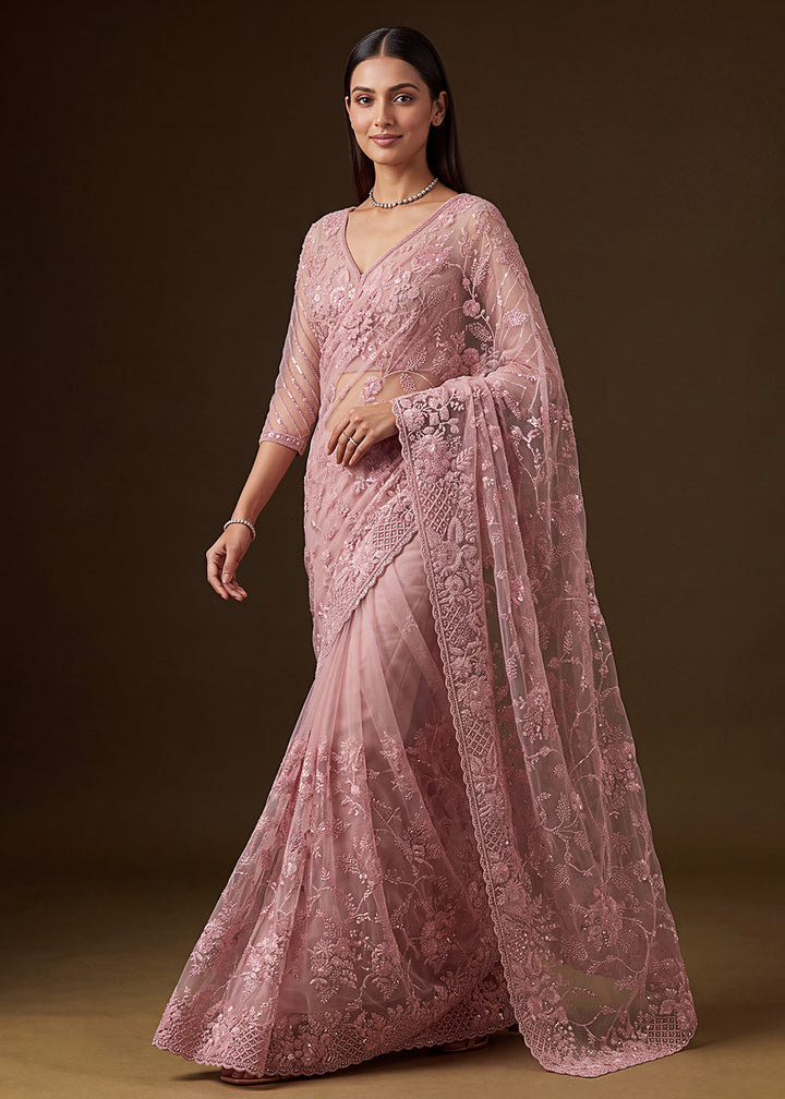 Buy Now Pink Elegant Floral Thread Embroidery Indian Wedding Saree Online in US, UK, Canada, France, Germany, Denmark, Sweden, Austria &amp; Worldwide at Empress.