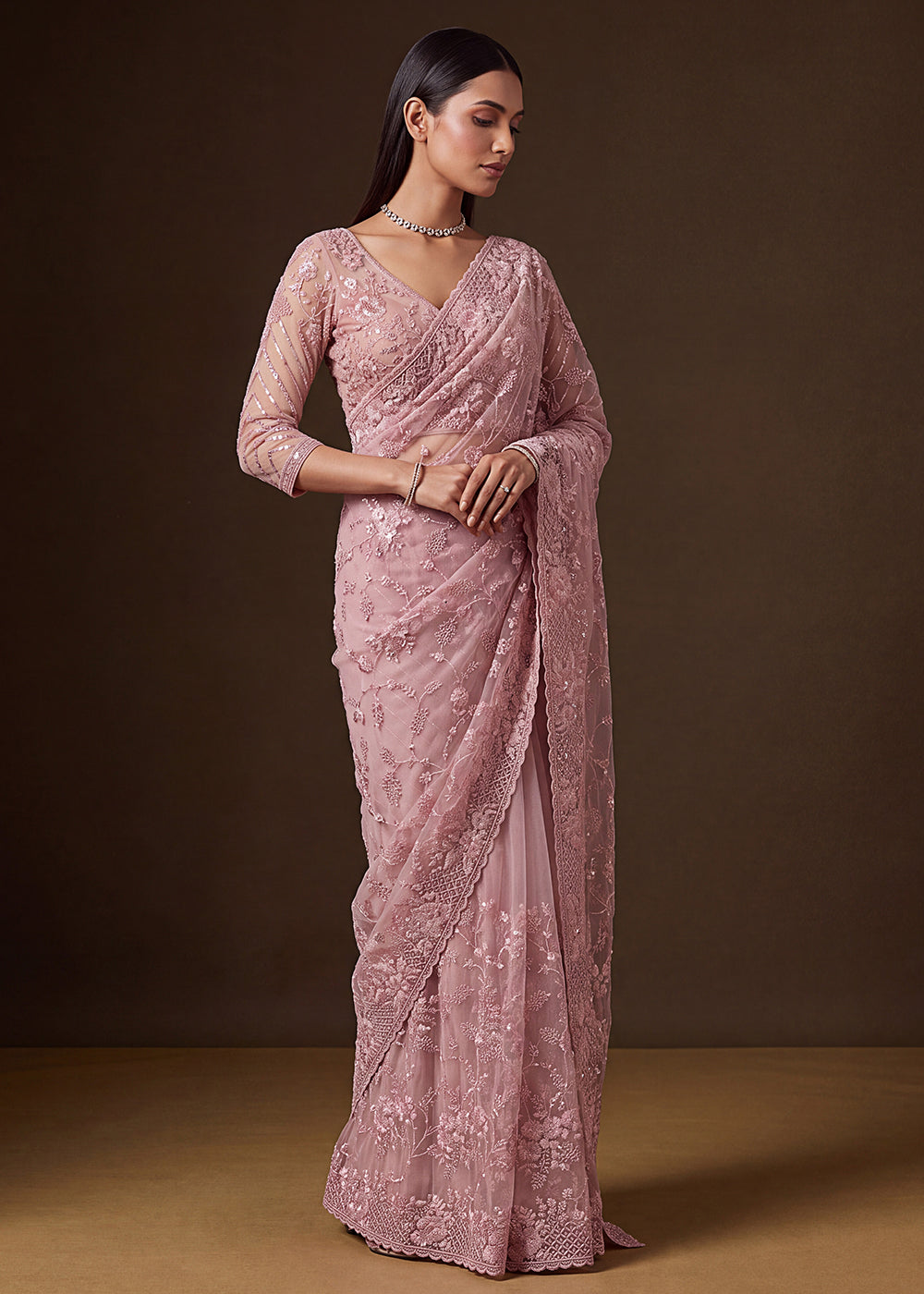 Buy Now Pink Elegant Floral Thread Embroidery Indian Wedding Saree Online in US, UK, Canada, France, Germany, Denmark, Sweden, Austria &amp; Worldwide at Empress.