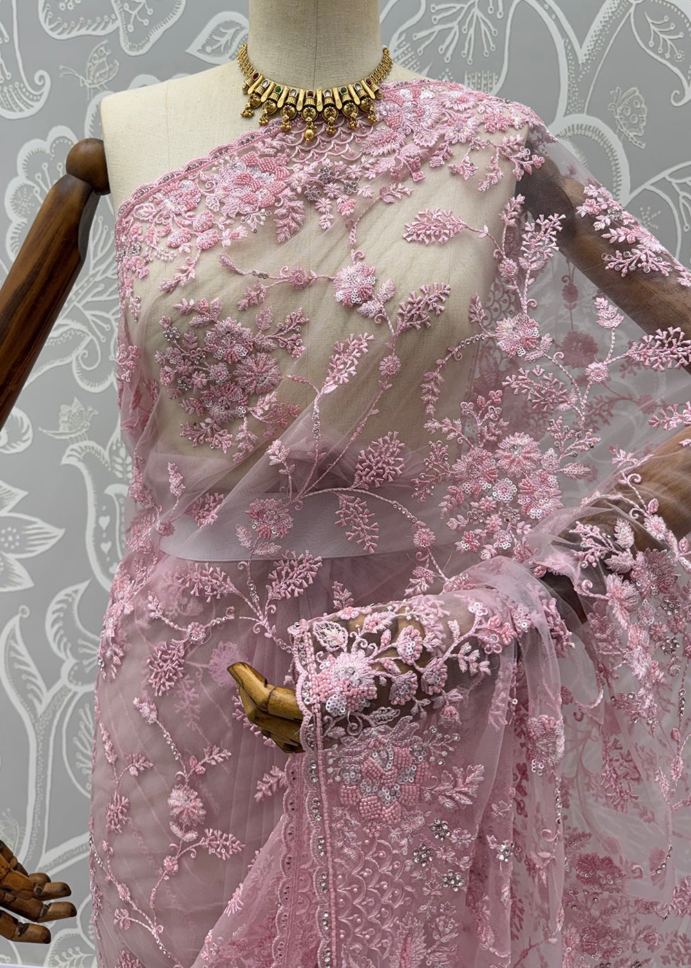 Buy Now Pink Elegant Floral Thread Embroidery Indian Wedding Saree Online in US, UK, Canada, France, Germany, Denmark, Sweden, Austria &amp; Worldwide at Empress.