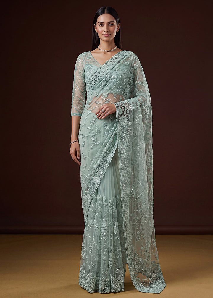Buy Now Blue Elegant Floral Thread Embroidery Indian Wedding Saree Online in US, UK, Canada, France, Germany, Denmark, Sweden, Austria &amp; Worldwide at Empress.