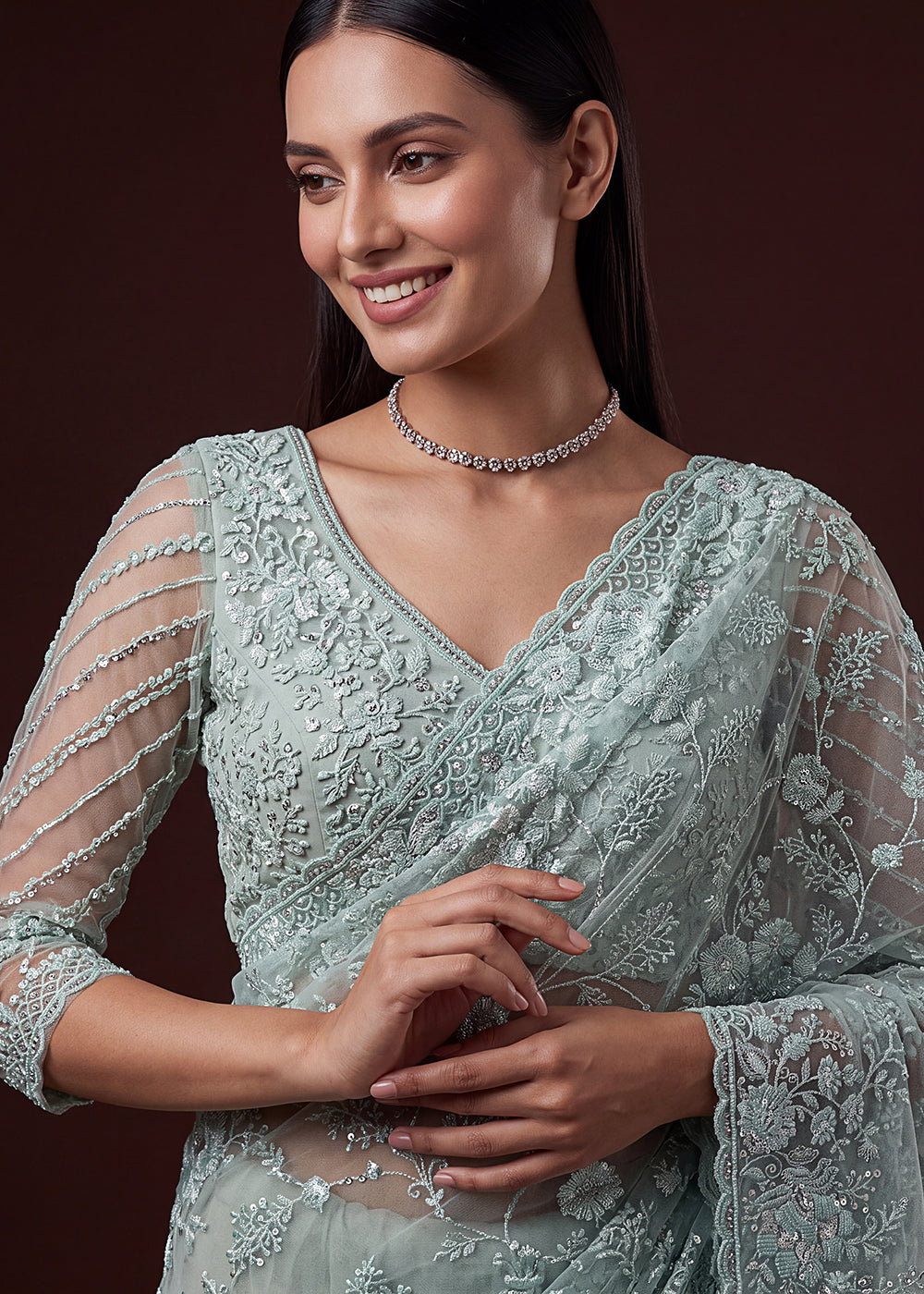 Buy Now Blue Elegant Floral Thread Embroidery Indian Wedding Saree Online in US, UK, Canada, France, Germany, Denmark, Sweden, Austria &amp; Worldwide at Empress.
