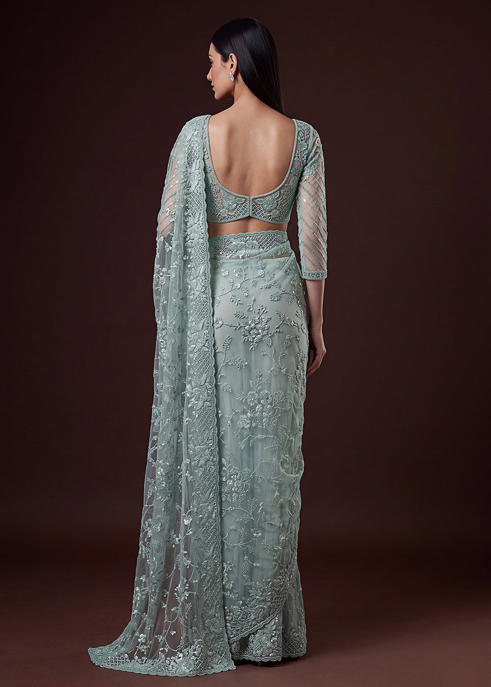 Buy Now Blue Elegant Floral Thread Embroidery Indian Wedding Saree Online in US, UK, Canada, France, Germany, Denmark, Sweden, Austria &amp; Worldwide at Empress.