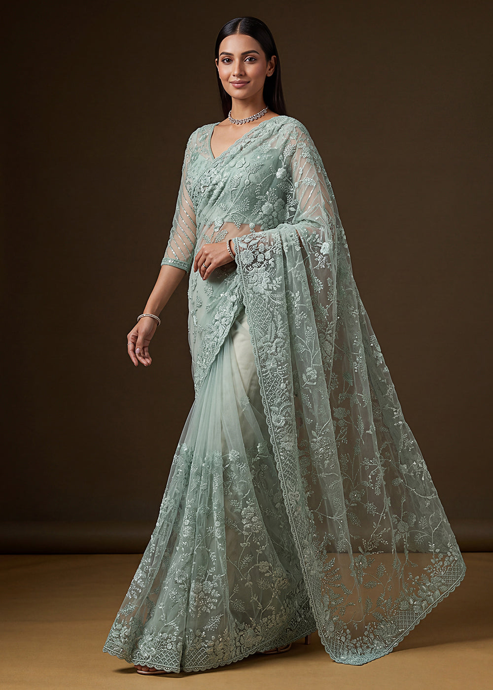 Buy Now Blue Elegant Floral Thread Embroidery Indian Wedding Saree Online in US, UK, Canada, France, Germany, Denmark, Sweden, Austria &amp; Worldwide at Empress.