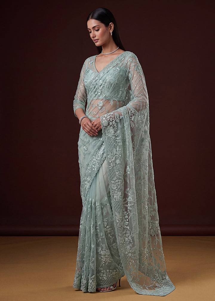Blue Elegant Floral Thread Embroidery Indian Wedding Saree