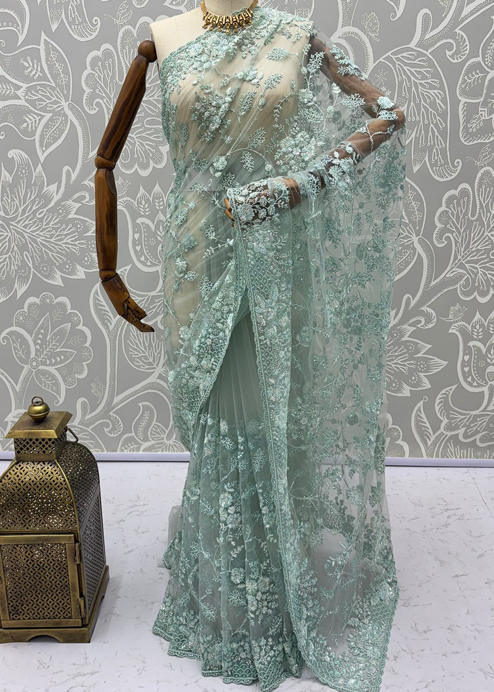 Buy Now Blue Elegant Floral Thread Embroidery Indian Wedding Saree Online in US, UK, Canada, France, Germany, Denmark, Sweden, Austria &amp; Worldwide at Empress.