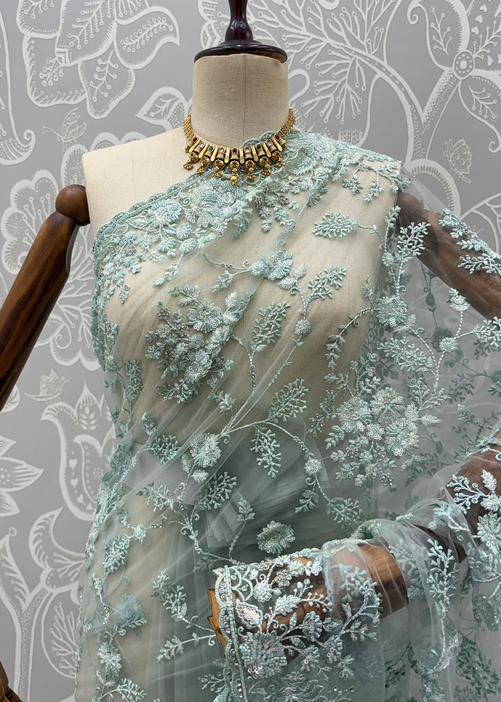 Buy Now Blue Elegant Floral Thread Embroidery Indian Wedding Saree Online in US, UK, Canada, France, Germany, Denmark, Sweden, Austria &amp; Worldwide at Empress.