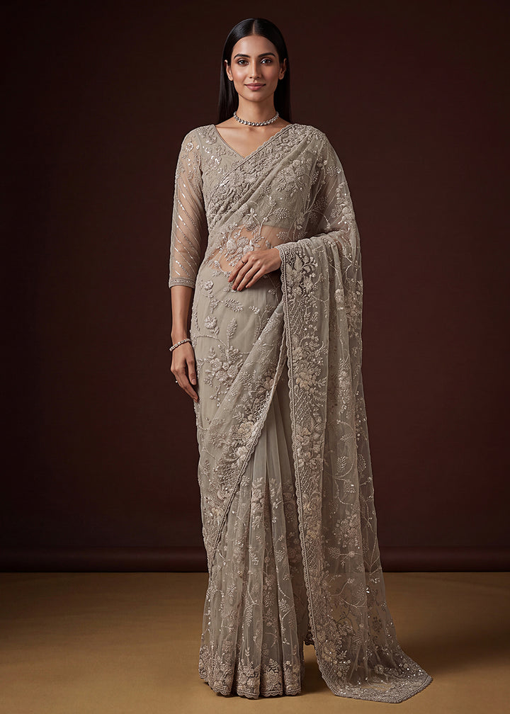 Buy Now Beige Elegant Floral Thread Embroidery Indian Wedding Saree Online in US, UK, Canada, France, Germany, Denmark, Sweden, Austria &amp; Worldwide at Empress.