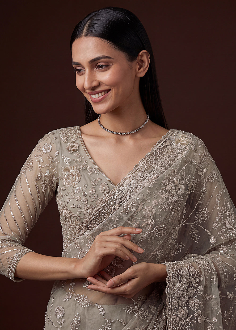 Buy Now Beige Elegant Floral Thread Embroidery Indian Wedding Saree Online in US, UK, Canada, France, Germany, Denmark, Sweden, Austria &amp; Worldwide at Empress.