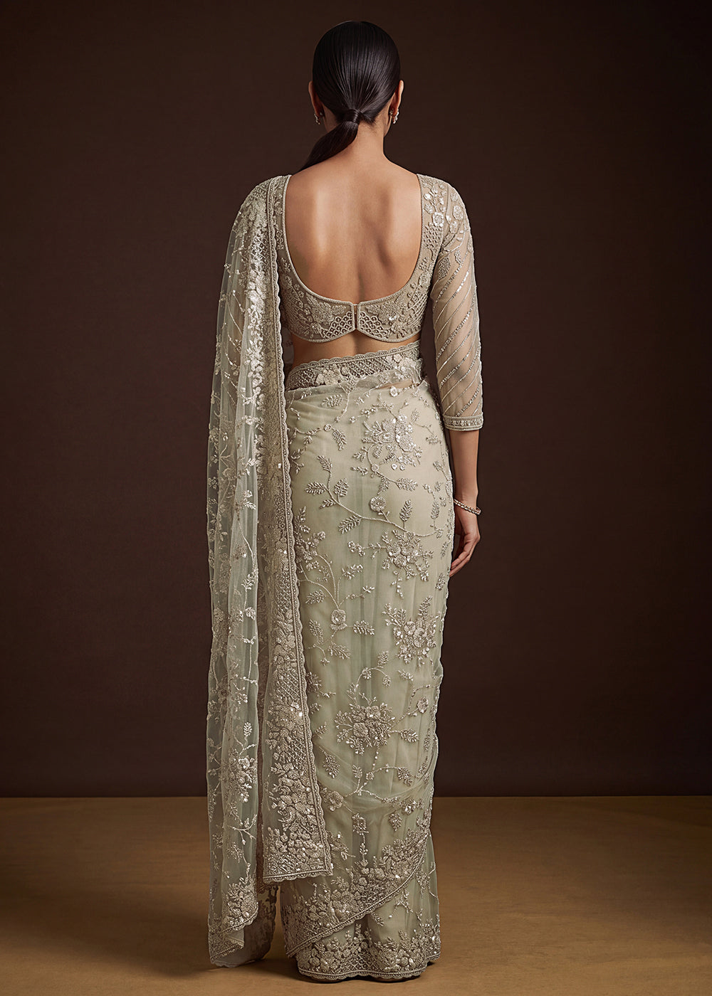 Buy Now Beige Elegant Floral Thread Embroidery Indian Wedding Saree Online in US, UK, Canada, France, Germany, Denmark, Sweden, Austria &amp; Worldwide at Empress.