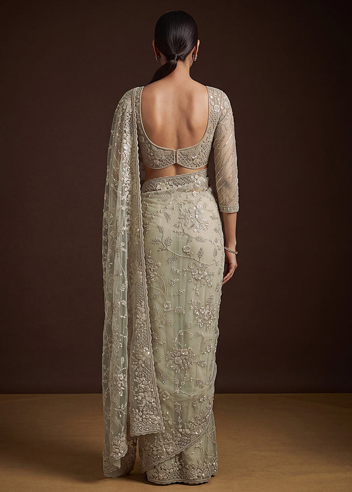 Buy Now Beige Elegant Floral Thread Embroidery Indian Wedding Saree Online in US, UK, Canada, France, Germany, Denmark, Sweden, Austria &amp; Worldwide at Empress.