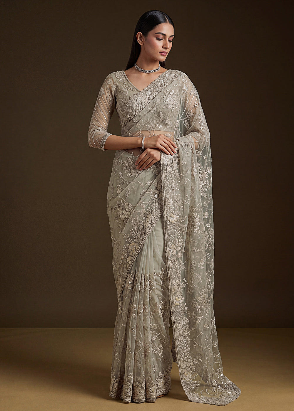 Buy Now Beige Elegant Floral Thread Embroidery Indian Wedding Saree Online in US, UK, Canada, France, Germany, Denmark, Sweden, Austria &amp; Worldwide at Empress.