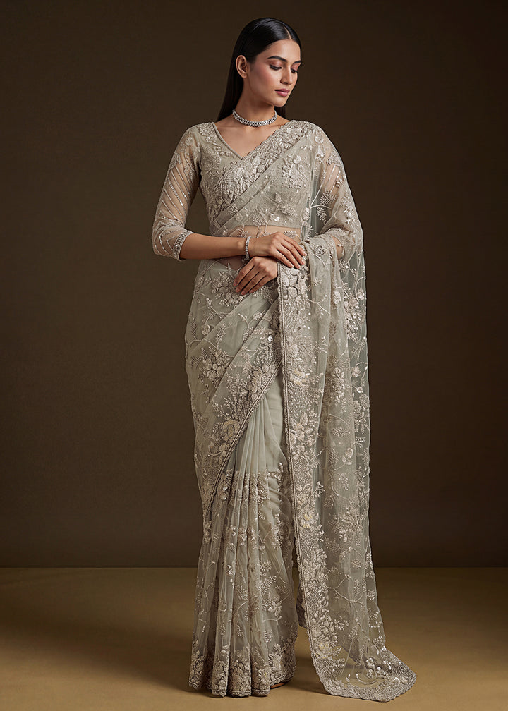 Buy Now Beige Elegant Floral Thread Embroidery Indian Wedding Saree Online in US, UK, Canada, France, Germany, Denmark, Sweden, Austria &amp; Worldwide at Empress.