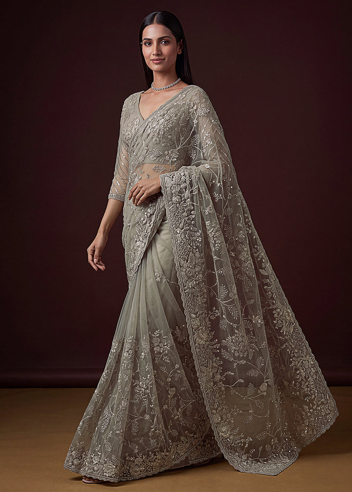 Buy Now Beige Elegant Floral Thread Embroidery Indian Wedding Saree Online in US, UK, Canada, France, Germany, Denmark, Sweden, Austria &amp; Worldwide at Empress.