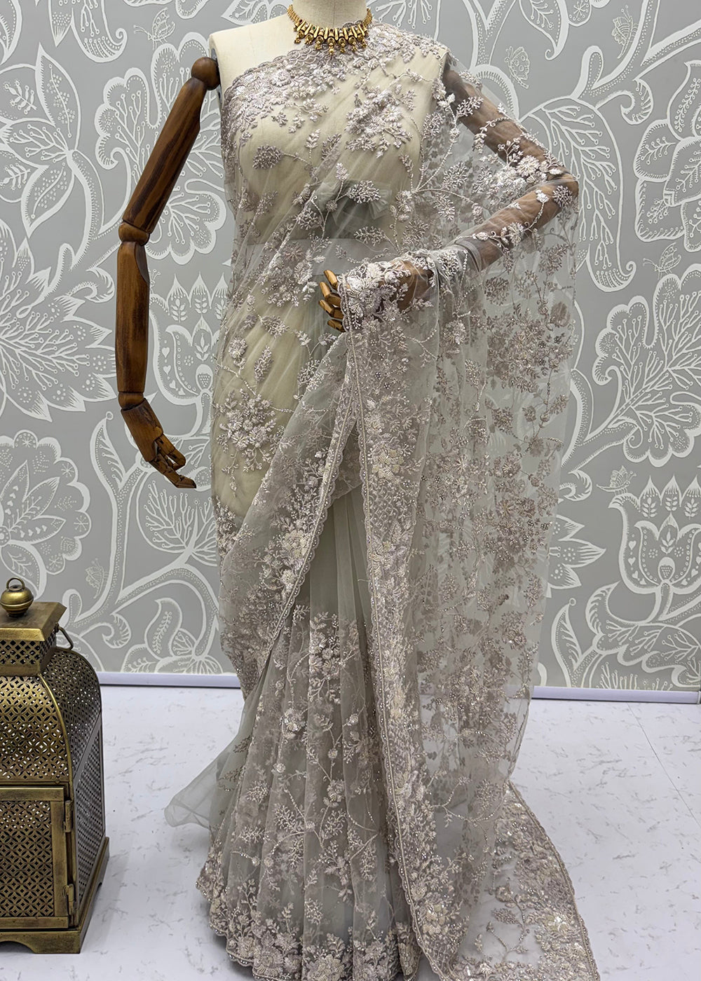 Buy Now Beige Elegant Floral Thread Embroidery Indian Wedding Saree Online in US, UK, Canada, France, Germany, Denmark, Sweden, Austria &amp; Worldwide at Empress.