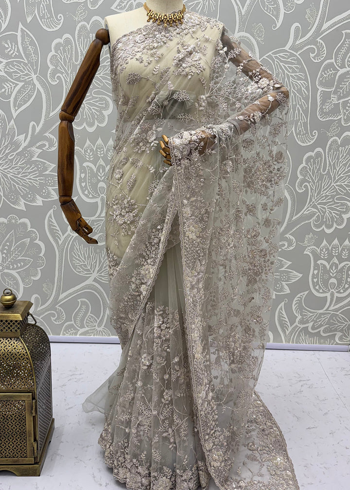 Buy Now Beige Elegant Floral Thread Embroidery Indian Wedding Saree Online in US, UK, Canada, France, Germany, Denmark, Sweden, Austria &amp; Worldwide at Empress.