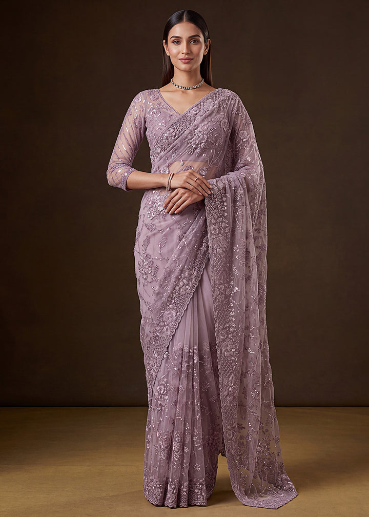 Buy Now Lavender Elegant Floral Thread Embroidery Indian Wedding Saree Online in US, UK, Canada, France, Germany, Denmark, Sweden, Austria &amp; Worldwide at Empress.