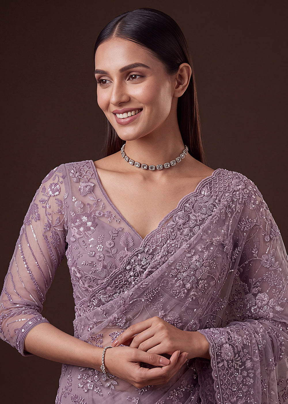 Buy Now Lavender Elegant Floral Thread Embroidery Indian Wedding Saree Online in US, UK, Canada, France, Germany, Denmark, Sweden, Austria &amp; Worldwide at Empress.
