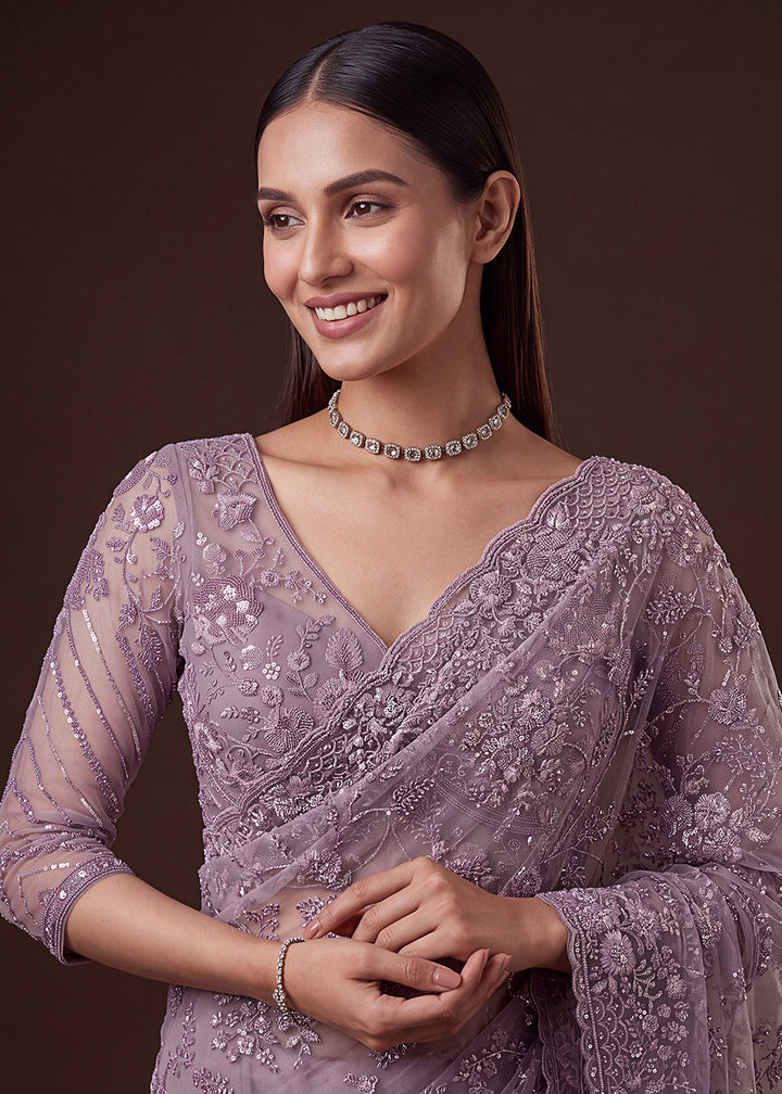 Buy Now Lavender Elegant Floral Thread Embroidery Indian Wedding Saree Online in US, UK, Canada, France, Germany, Denmark, Sweden, Austria &amp; Worldwide at Empress.