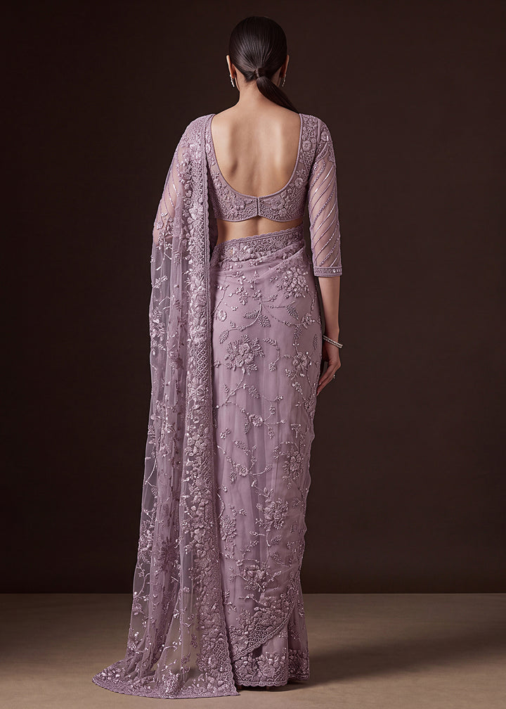 Buy Now Lavender Elegant Floral Thread Embroidery Indian Wedding Saree Online in US, UK, Canada, France, Germany, Denmark, Sweden, Austria &amp; Worldwide at Empress.