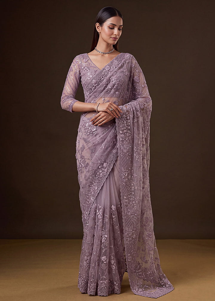 Buy Now Lavender Elegant Floral Thread Embroidery Indian Wedding Saree Online in US, UK, Canada, France, Germany, Denmark, Sweden, Austria &amp; Worldwide at Empress.