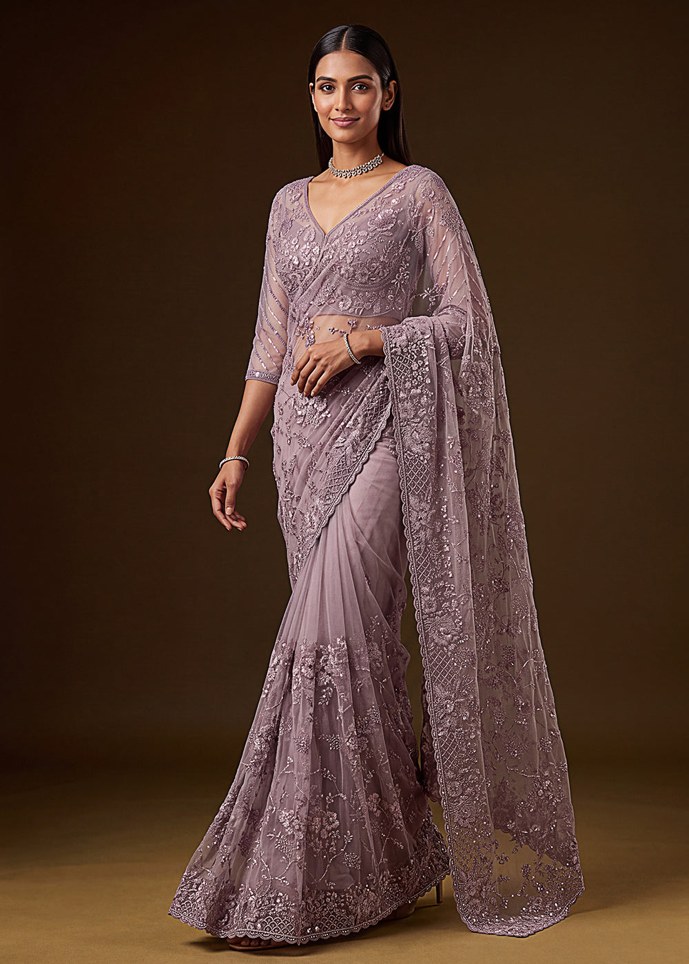 Buy Now Lavender Elegant Floral Thread Embroidery Indian Wedding Saree Online in US, UK, Canada, France, Germany, Denmark, Sweden, Austria &amp; Worldwide at Empress.