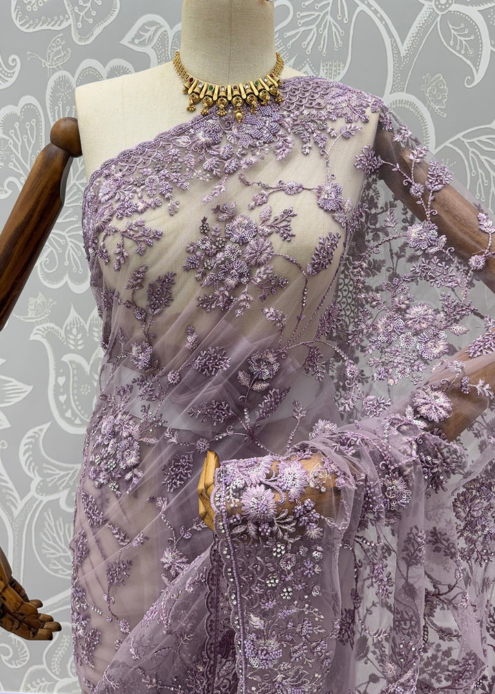 Buy Now Lavender Elegant Floral Thread Embroidery Indian Wedding Saree Online in US, UK, Canada, France, Germany, Denmark, Sweden, Austria &amp; Worldwide at Empress.